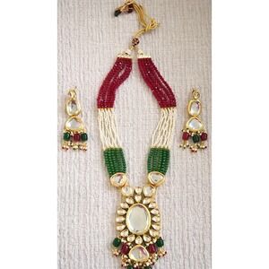 Kundan Necklace Set Red‎ Green Gold Beaded Adjustable Bridal Earrings Bold Drama